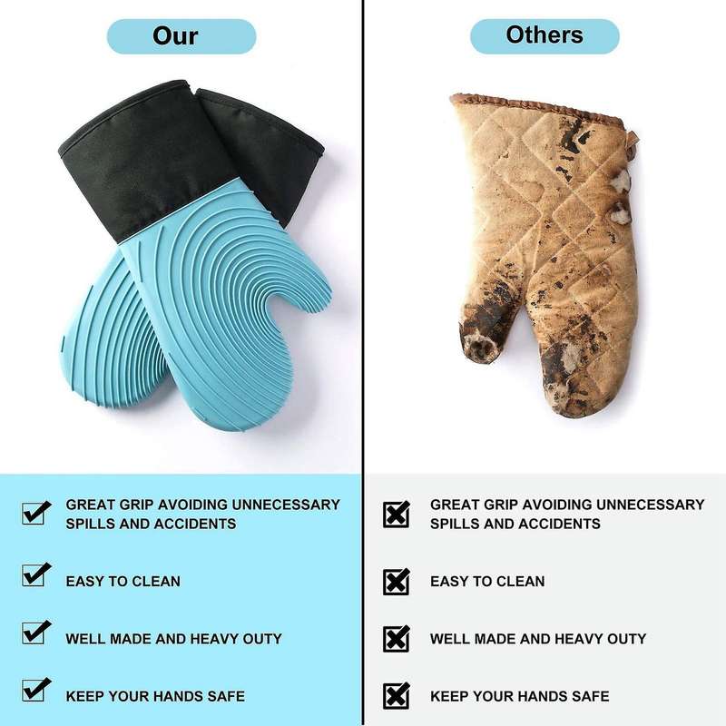 Silicone Oven Heat Resistant Thick Gloves 1 Pair with 1 Brush-blue