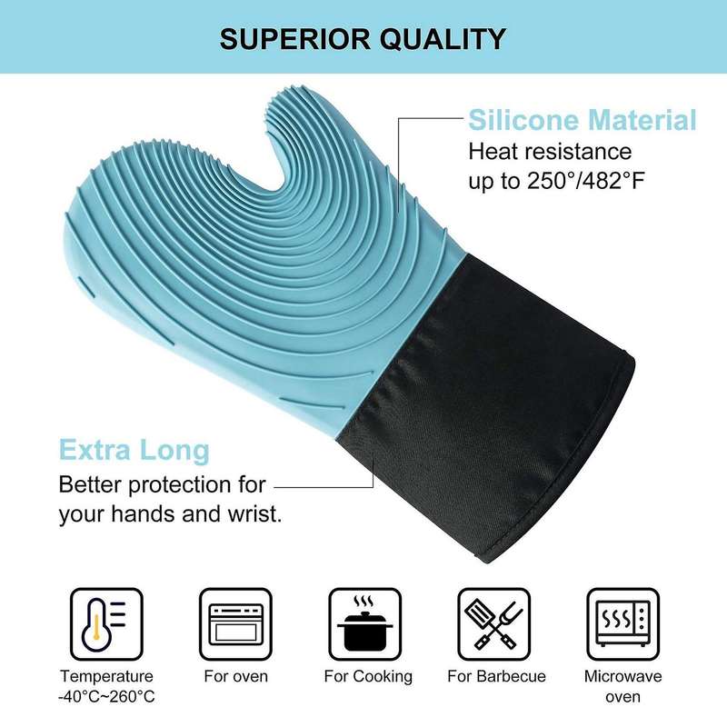 Silicone Oven Heat Resistant Thick Gloves 1 Pair with 1 Brush-blue
