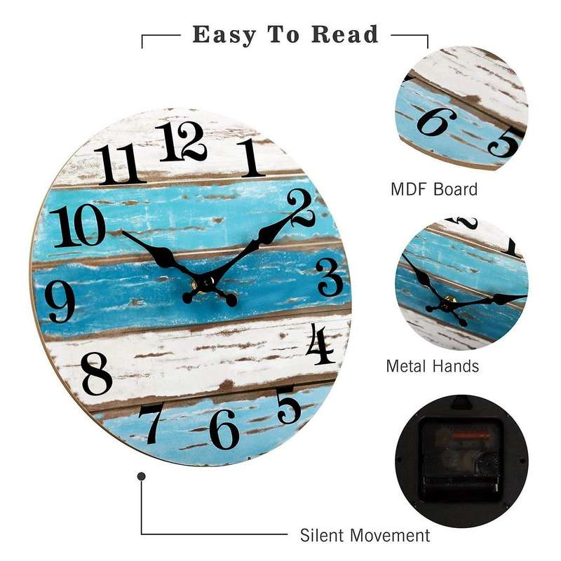 Beach Themed Blue Wall Clocks Battery Operated,for Home 10 Inch