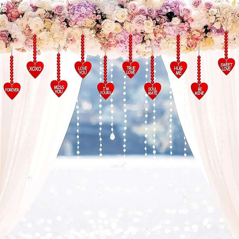 10 Pcs Valentine's Day Wooden Bead Heart Garlands Wall Hanging