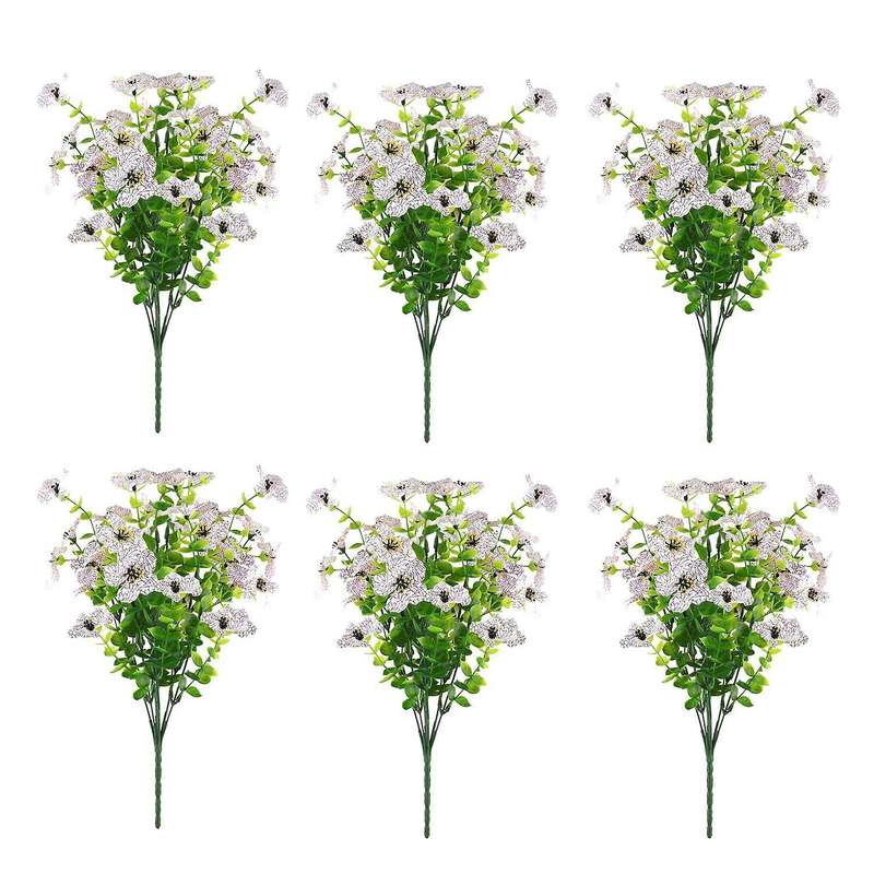 6 Bundles Artificial Flowers Uv Resistant Fake Plants White