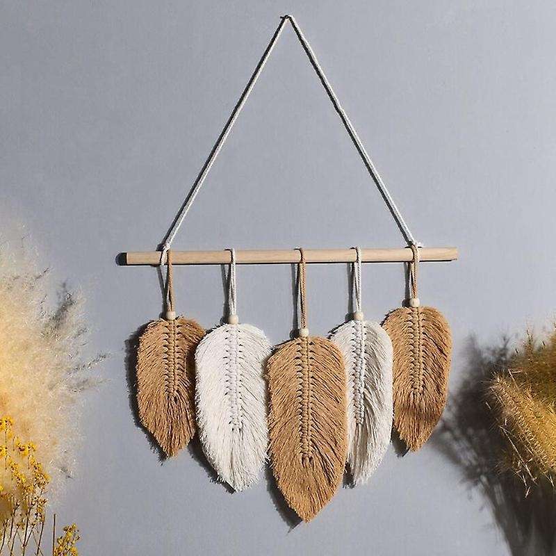 Handmade Macrame Leaf Wall Hanging Tapestry Cotton Woven,beige+yellow
