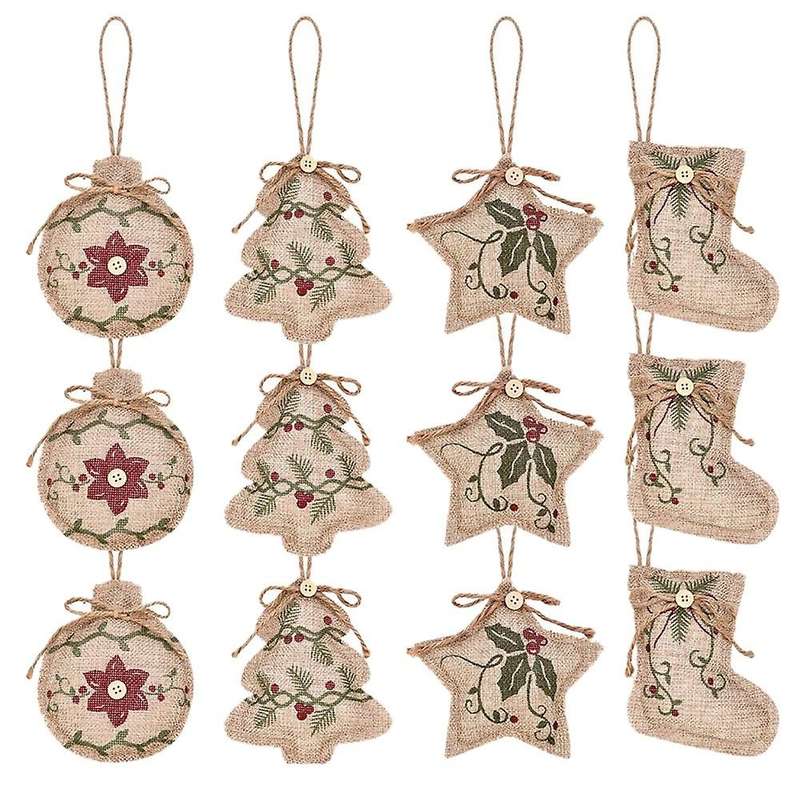 12pc Christmas Tree Burlap Hanging,ball Stocking Shaped Hanging Decor