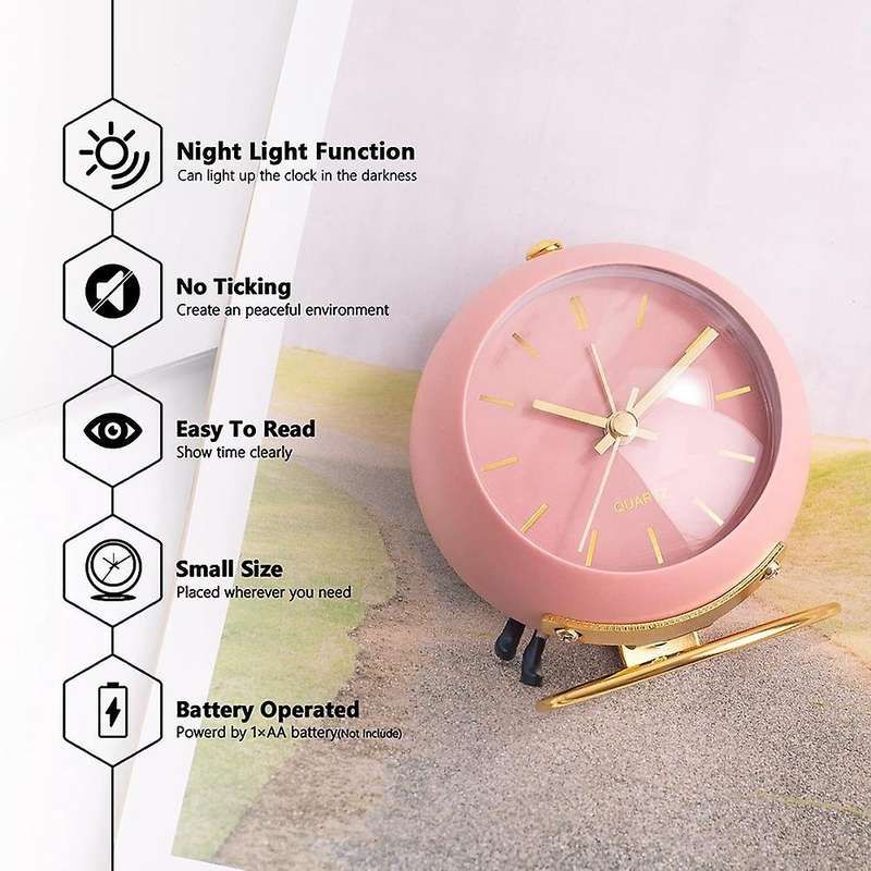 Battery Operated Desk Alarm Clocks with Light,retro Silent Pink