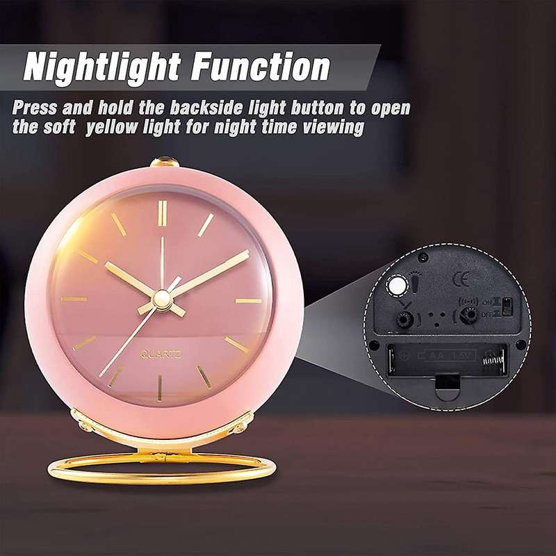 Battery Operated Desk Alarm Clocks with Light,retro Silent Pink
