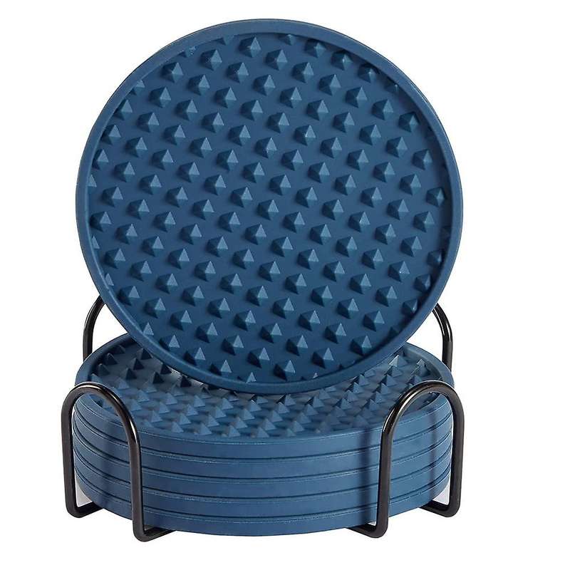 6pcs Silicone Coaster, Drink Coaster with Holder (dark Blue)