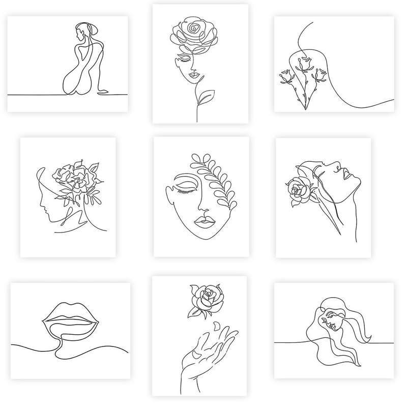 9 Pieces Minimalist Art Prints Unframed Woman Minimal Line Wall Decor