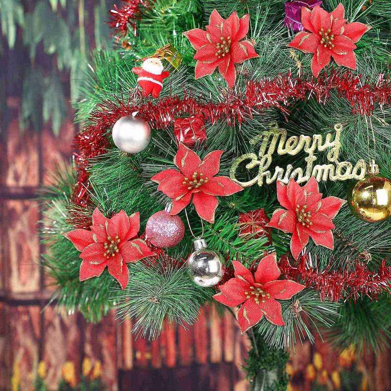 50 Pack Glitter Poinsettia Christmas Tree Ornaments(red)