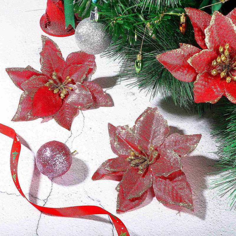 50 Pack Glitter Poinsettia Christmas Tree Ornaments(red)