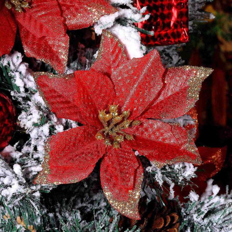 50 Pack Glitter Poinsettia Christmas Tree Ornaments(red)