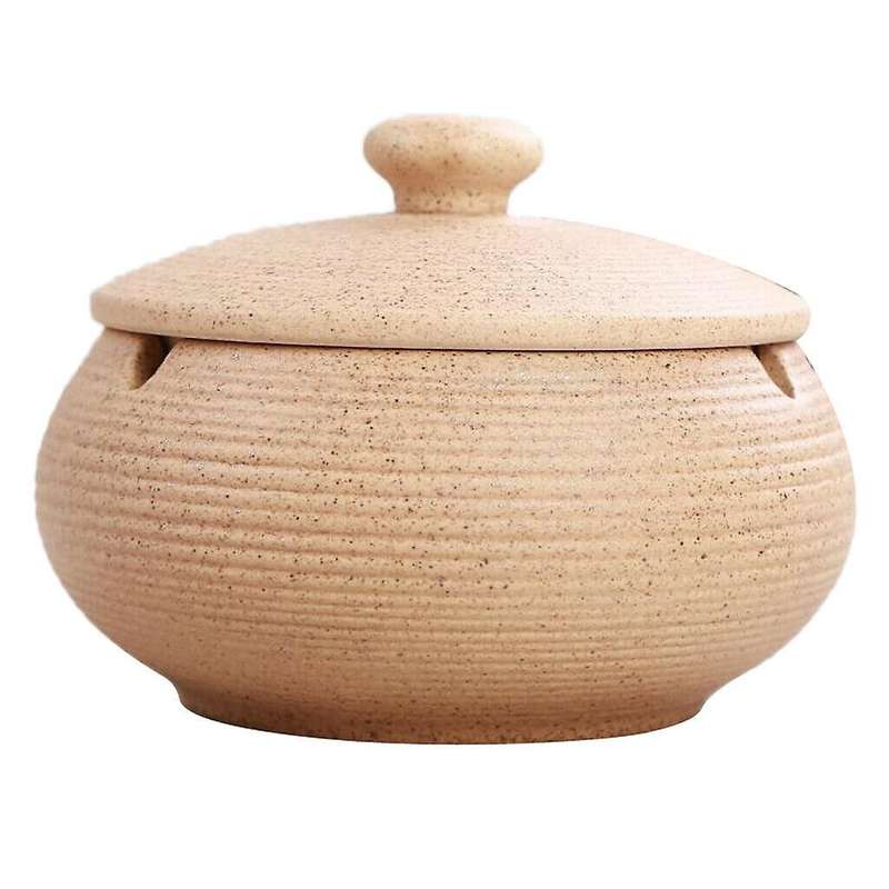 Ceramic Ashtray with Windproof Lid for Indoor Outdoor -beige-yellow