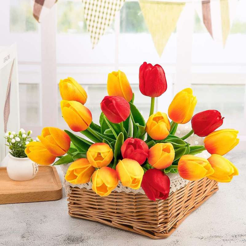 20 Pcs Artificial Flowers Fake Tulip Bouquet (orange and Red)