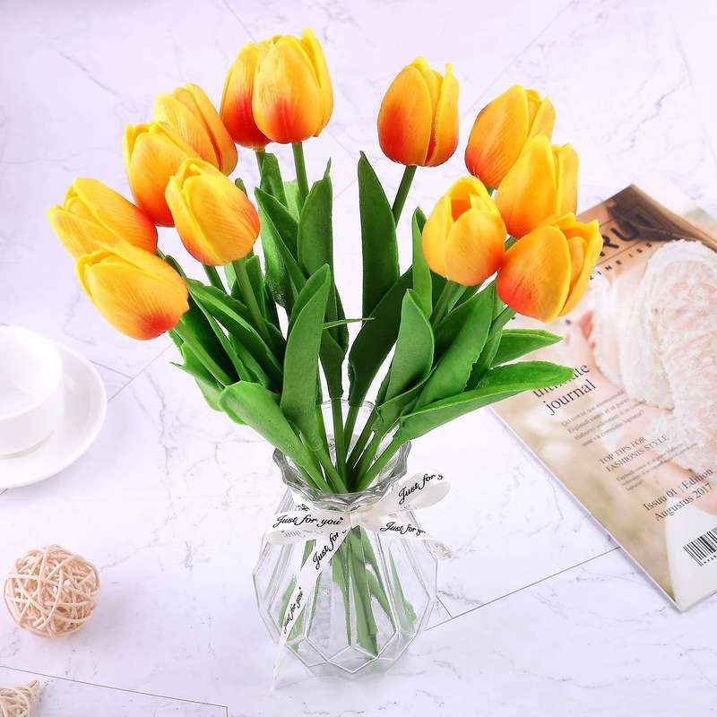 20 Pcs Artificial Flowers Fake Tulip Bouquet (orange and Red)