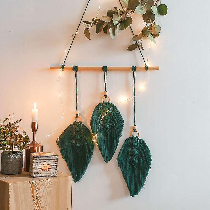 Nordic Woven Macrame Boho Leaf Feather Tassel Cotton Tapestry,white
