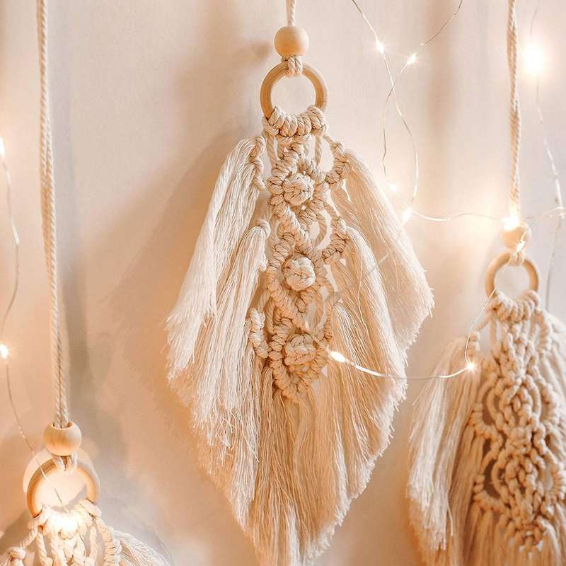 Nordic Woven Macrame Boho Leaf Feather Tassel Cotton Tapestry,white