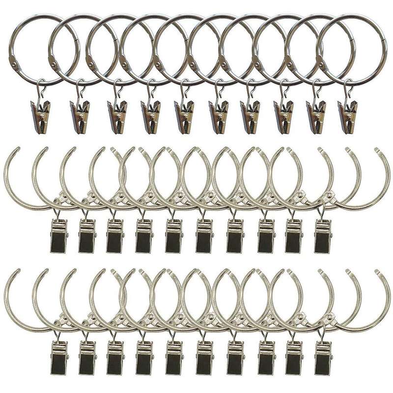 30 Pack Curtain Clips with Rings Metal Rustproof Drapery Rod Silver