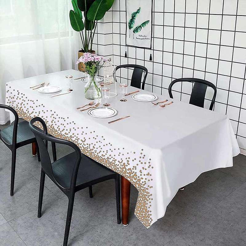 3 Pcs Disposable Plastic Rectangle Gold Dot Tablecloths White
