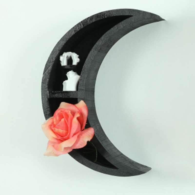 Wooden Moon Wall Decor Crystal Display Shelves Crescent Oil Rack B