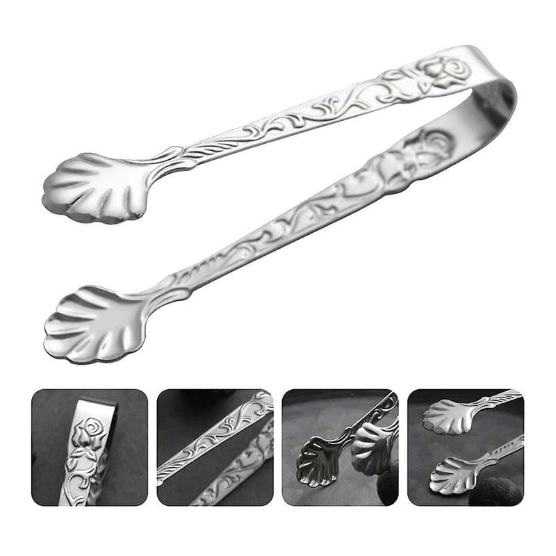 6 Pcs Vintage Rose Relief Ice Square Clips Sugar Tongs Kitchen Silver
