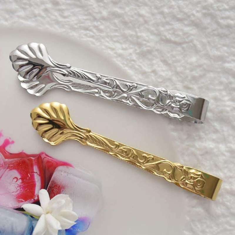 6 Pcs Vintage Rose Relief Ice Square Clips Sugar Tongs Kitchen Silver