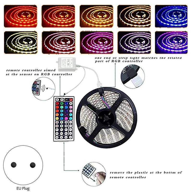 5 Meters Led Strip 3528rgb Set + 44 Keys Remote Control Eu Plug