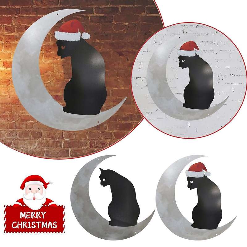Black Cat Moon Hanging Metal Sign Hanging Pendant Christmas Decor A