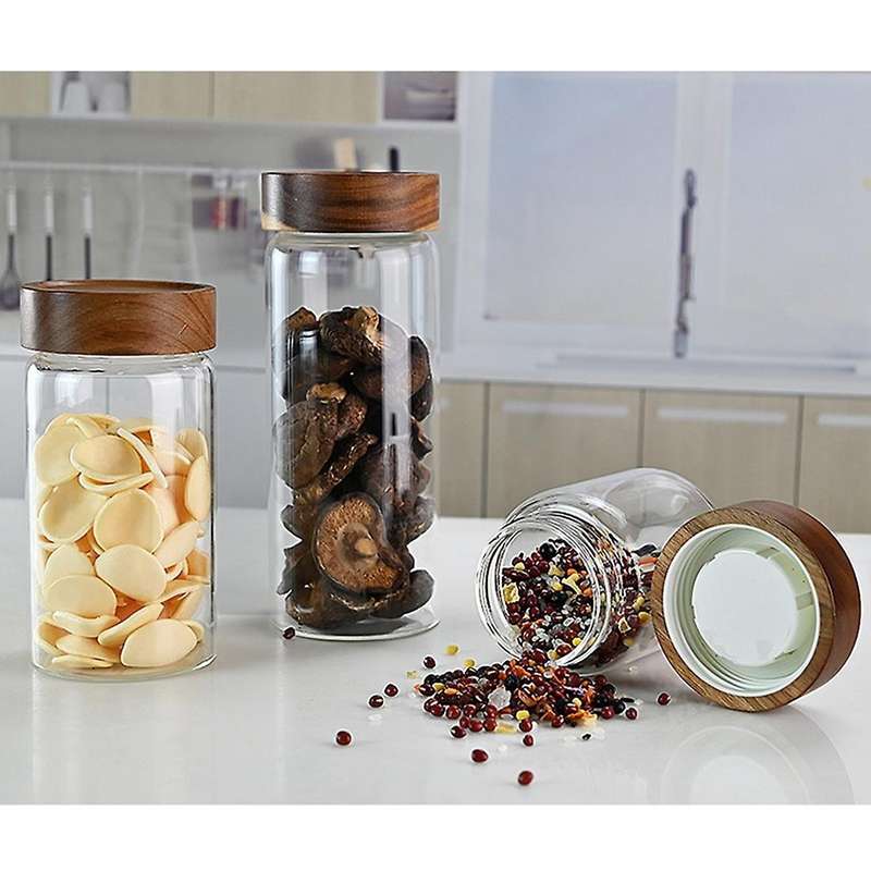 Wood Lid Glass Airtight Canister Food Sealed Grounds Candy Jars B