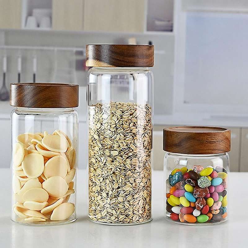 Wood Lid Glass Airtight Canister Food Sealed Grounds Candy Jars B