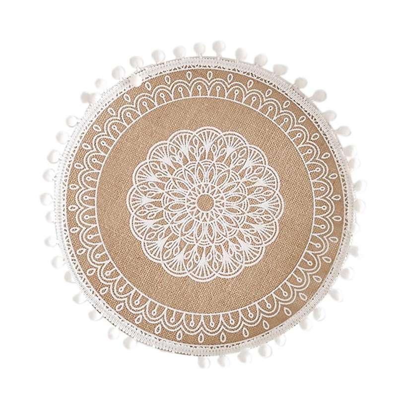 Table Mat 4 Pcs Round 38cm In Diameter Cotton Linen Home Placemat (b)