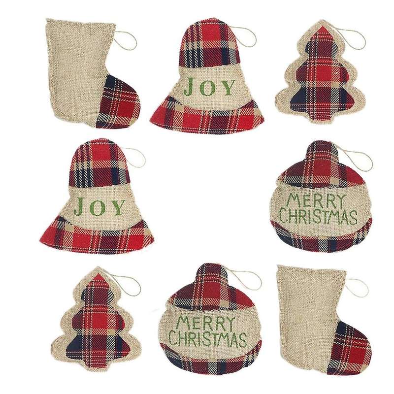 8pcs Red Black Buffalo Check Plaid Stitching Burlap Hanging Ornaments