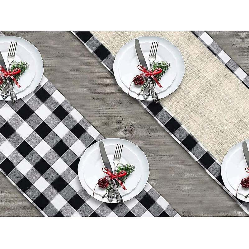 72inch Reversible Burlap & Cotton Table Runner, Black and White