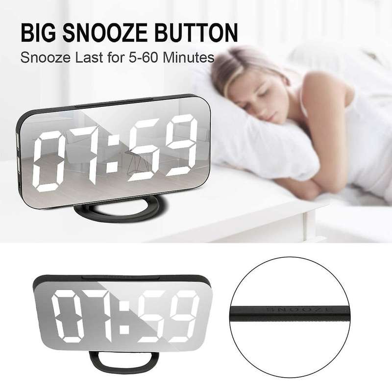 Digital Alarm Clock Large Mirrored Led Display,usb Charger, Black
