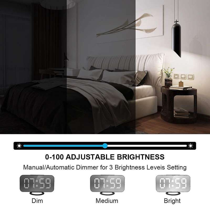 Digital Alarm Clock Large Mirrored Led Display,usb Charger, Black