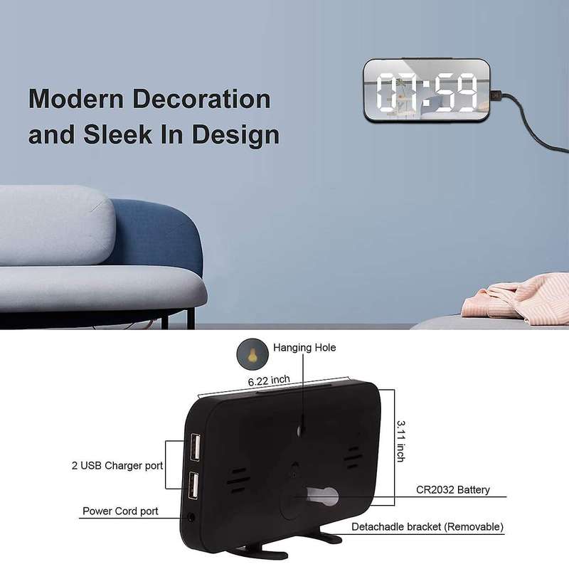 Digital Alarm Clock Large Mirrored Led Display,usb Charger, Black