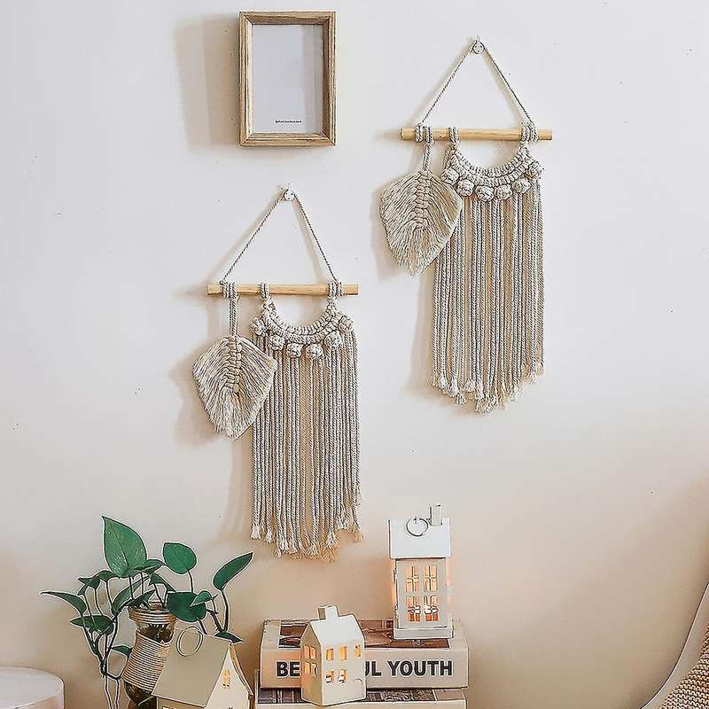 2 Pack Small Macrame Wall Hanging Decor, Leaf for Apartment Bedroom