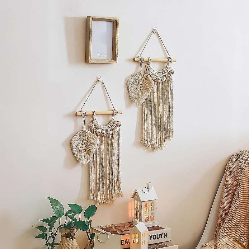 2 Pack Small Macrame Wall Hanging Decor, Leaf for Apartment Bedroom