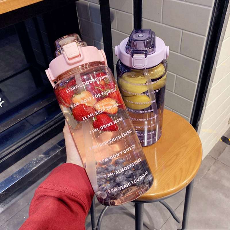 2l Sports Straw Water Bottle with Bounce Cover Time Marker