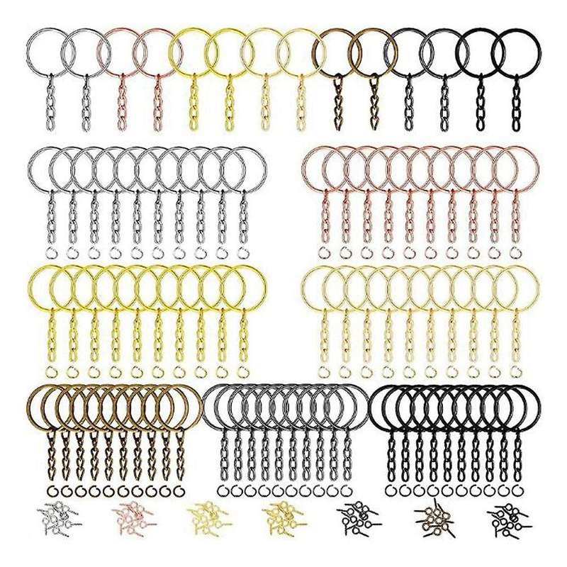 210pcs Split Key Rings Bulk with Chain 25mm Open Rings Screw Eye Pins