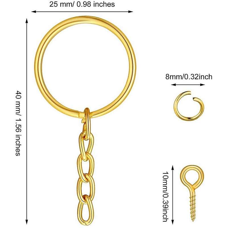 210pcs Split Key Rings Bulk with Chain 25mm Open Rings Screw Eye Pins