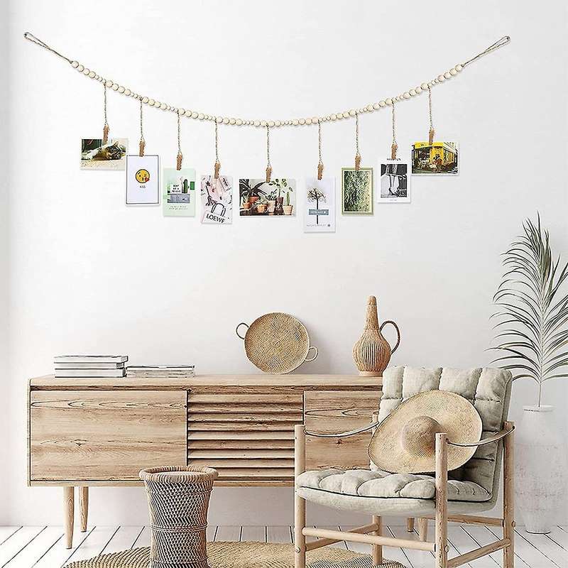 2pcs Wall Hanging Photo Wooden Beads with 9 Clips for Home, Nursery