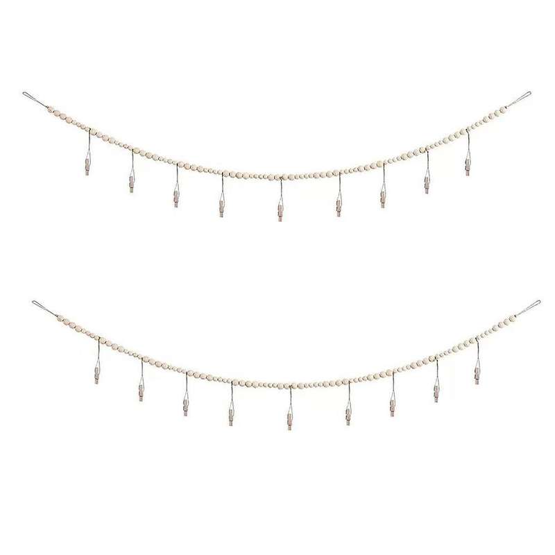 2pcs Wall Hanging Photo Wooden Beads with 9 Clips for Home, Nursery