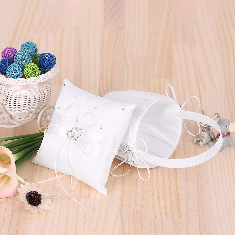 Double Heart Satin Ring Bearer Pillow and Wedding Flower Girl Basket
