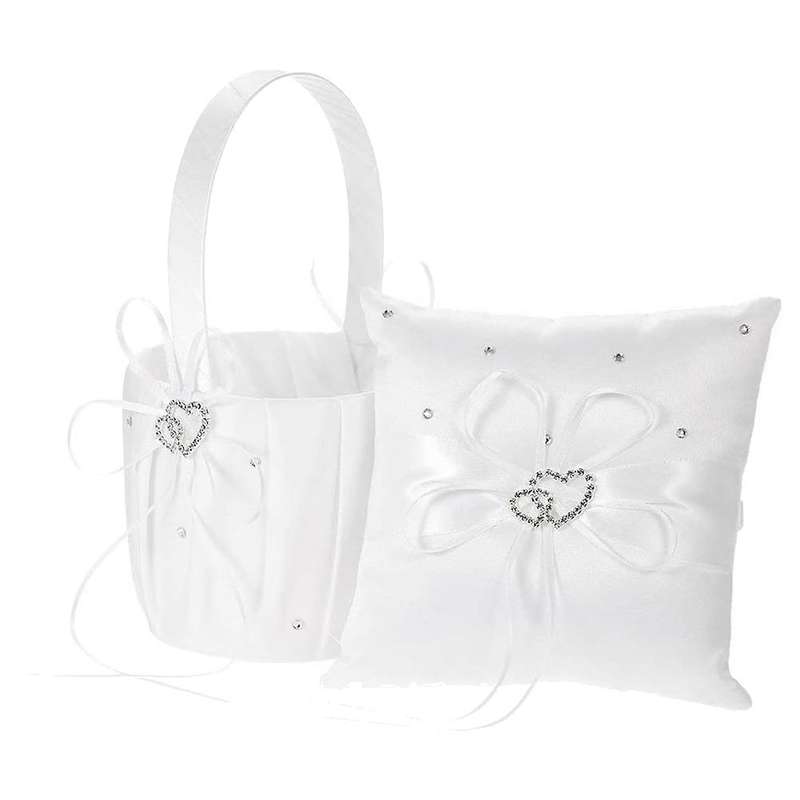 Double Heart Satin Ring Bearer Pillow and Wedding Flower Girl Basket