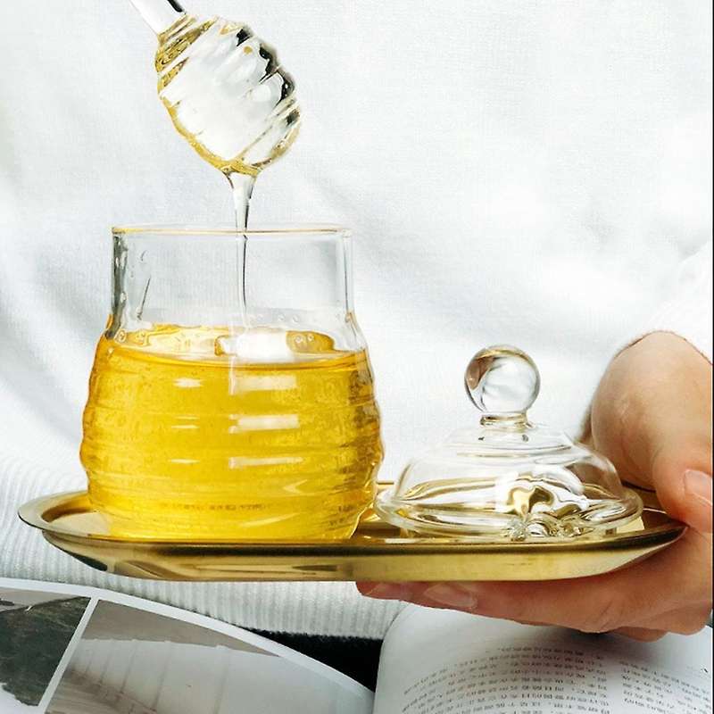Glass Honey Jar Glass Honey Pot with Dipper & Lid Jar Container 250ml