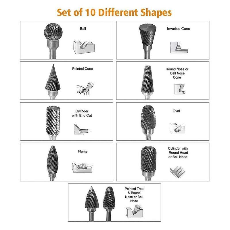 10pc 4 Inch Long Double Cut Tungsten Solid Carbide Rotary Burrs Set