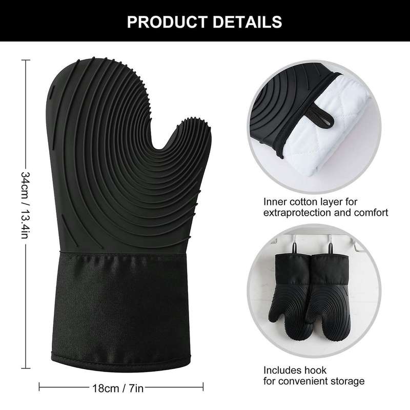 Silicone Oven Heat Resistant Thick Gloves 1 Pair with 1 Brush-black