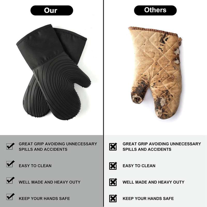 Silicone Oven Heat Resistant Thick Gloves 1 Pair with 1 Brush-black