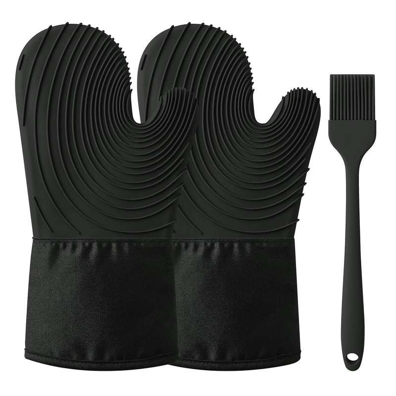 Silicone Oven Heat Resistant Thick Gloves 1 Pair with 1 Brush-black
