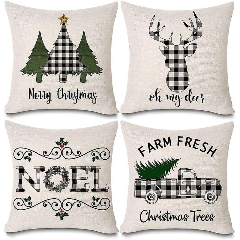 Buffalo Plaids Deer Christmas Tree Pillow Covers Cotton Linen Cushion
