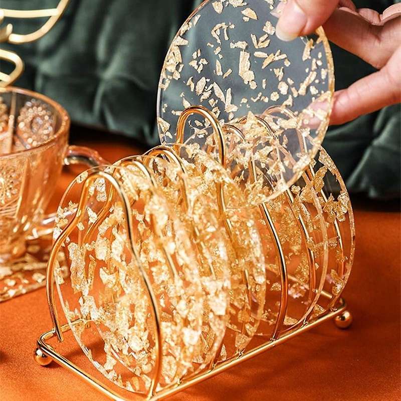 6pcs Acrylic Gold Foil Coaster Heat Insulation Cup Mat for Home B